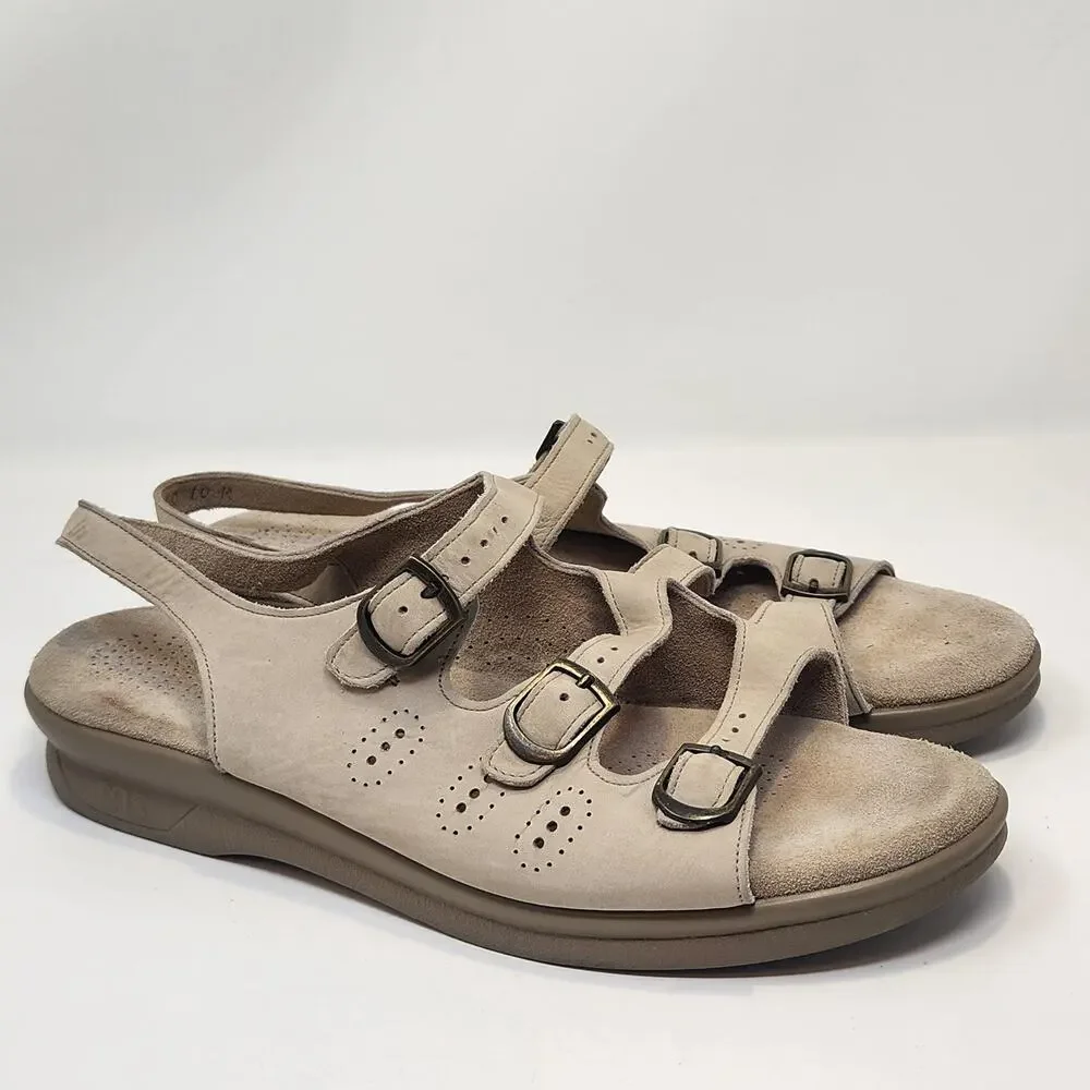SAS Women Trio II Tripad Cream Leather Wedge Sandals Size 10M Three Strap Buckle
